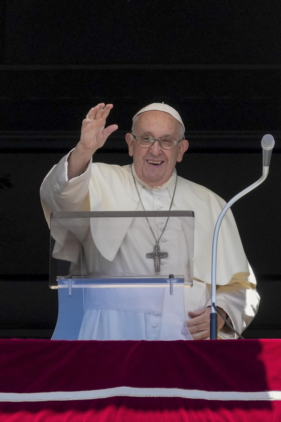 Pope Francis delivers his blessing as he recites the Angelus noon prayer from the window of his studio overlooking St.Peter's Square, at the Vatican, Sunday, June 25, 2023. The Pope in his speech remembered the 40th anniversary of the disappearance of Emanuela Orlandi, the 15-year-old daughter of a lay employee of the Holy See, that vanished June 22, 1983, after leaving her family's Vatican City apartment to go to a music lesson in Rome. (AP Photo/Andrew Medichini)