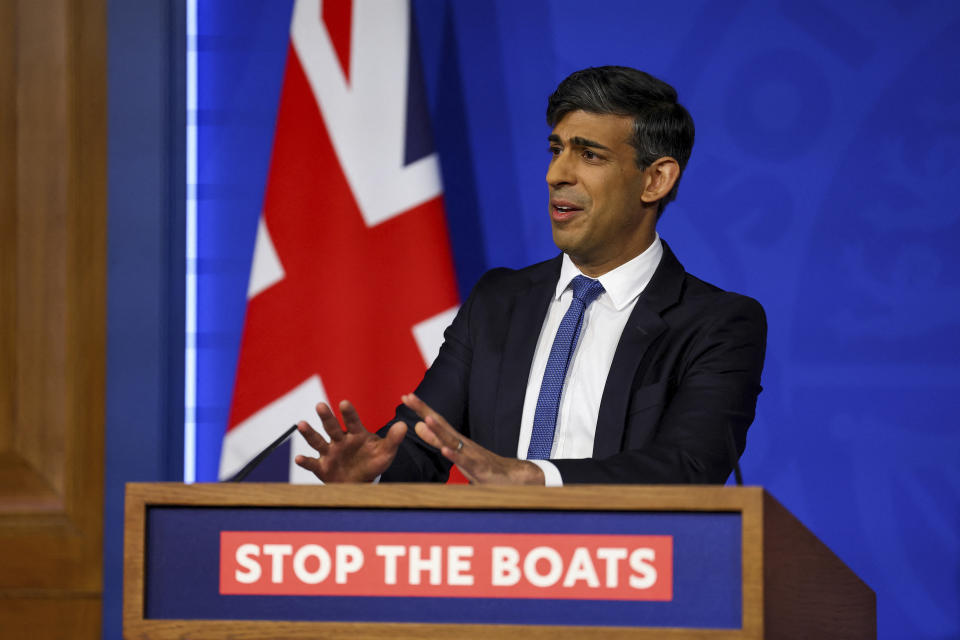 British Prime Minister Rishi Sunak speaks during a press conference at Downing Street in London, Monday, April 22, 2024. Sunak pledged Monday that the country’s first deportation flights to Rwanda could leave in 10-12 weeks as he promised to end the Parliamentary deadlock over a key policy promise before an election expected later this year. (Toby Melville/Pool Photo via AP)