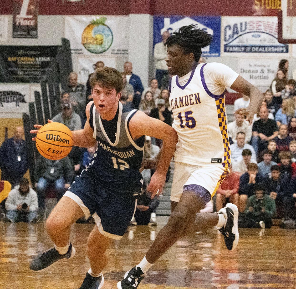 Squan’s Griffin Linstra drives to the basket. Manasquan Boys Basketball lose to Camden in NJSIAA Group 2 Semifinals in Berkeley Township, NJ on March 5, 2024.