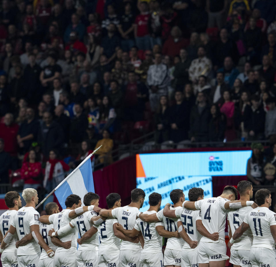 Argentina stands for their national anthem before gold-medal Vancouver Sevens rugby match action against New Zealand in Vancouver, British Columbia, Sunday, Feb. 25, 2024. (Ethan Cairns/The Canadian Press via AP)