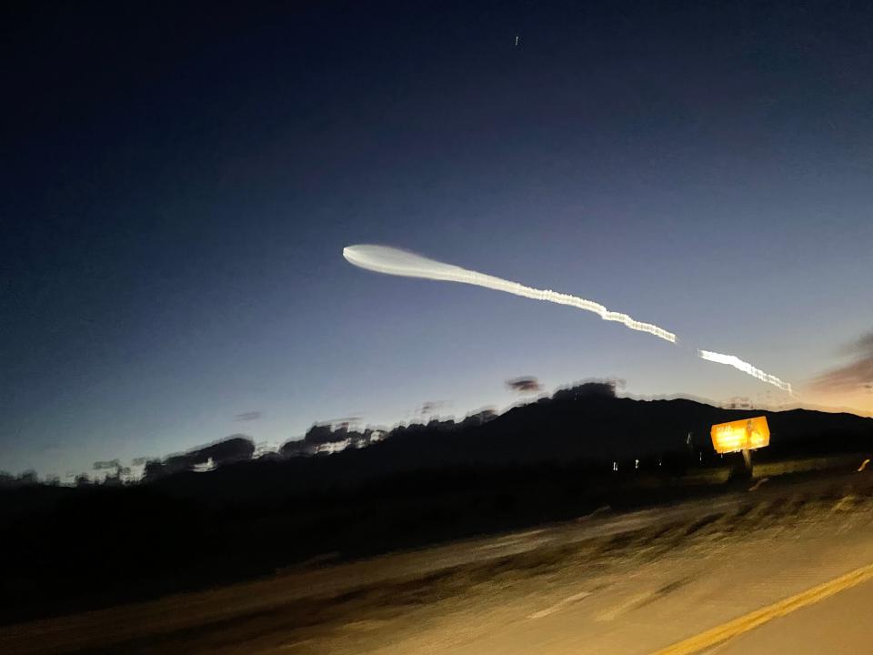 An image of SpaceX's Falcon 9 launch of 22 Starlink satellites seen from the Coachella Valley on Monday.
