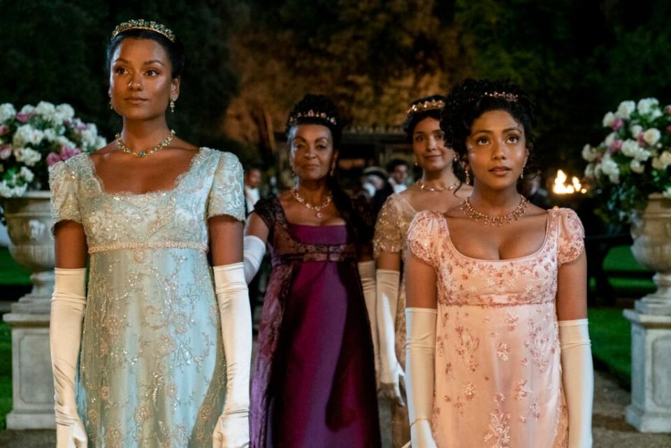 Simone Ashley as Kate Sharma, Adjoa Andoh as Lady Danbury, Shelley Conn as Mary Sharma, Charithra Chandran as Edwina Sharma of ‘Bridgerton.’ (Liam Daniel/Netflix © 2021)