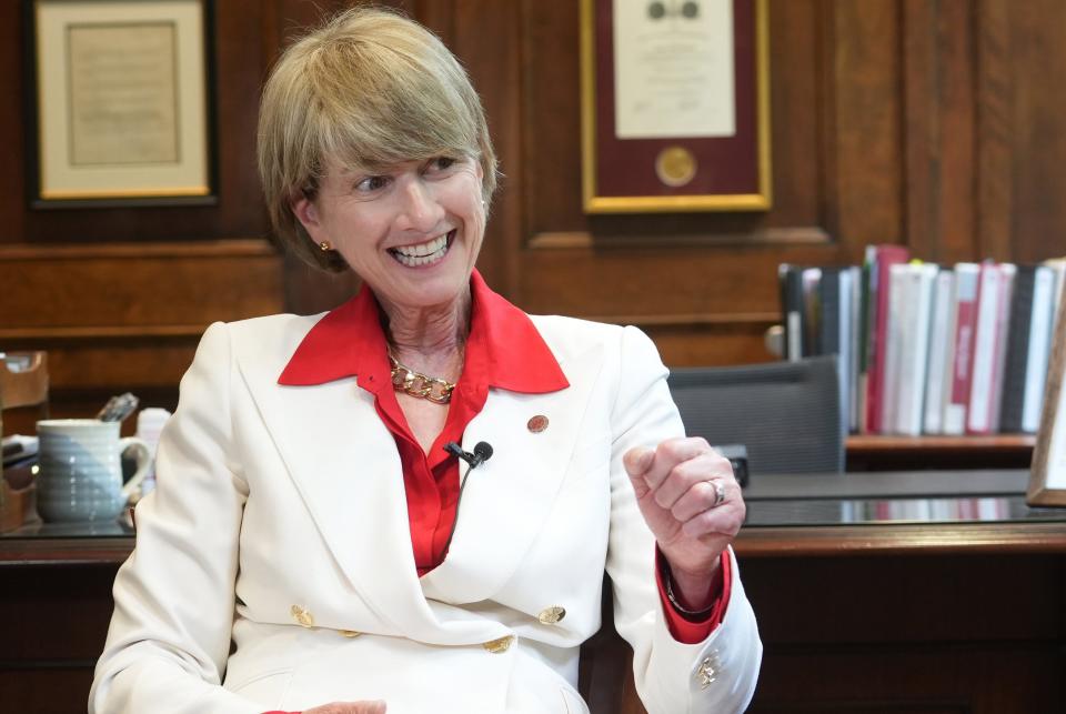 In her Bricker Hall office, Ohio State University President Kristina Johnson makes a point during an interview with The Columbus Dispatch on August 10, 2022.