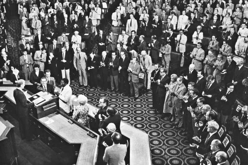 President Jimmy Carter acknowledges the applause from members of Congress and spectators at a Joint Session of Congress as he prepares to deliver a speech on June 18, 1979, on the newly singed SALT II Treaty after his return from the Signing in Vienna. Photo by Larry Rubenstein/UPI