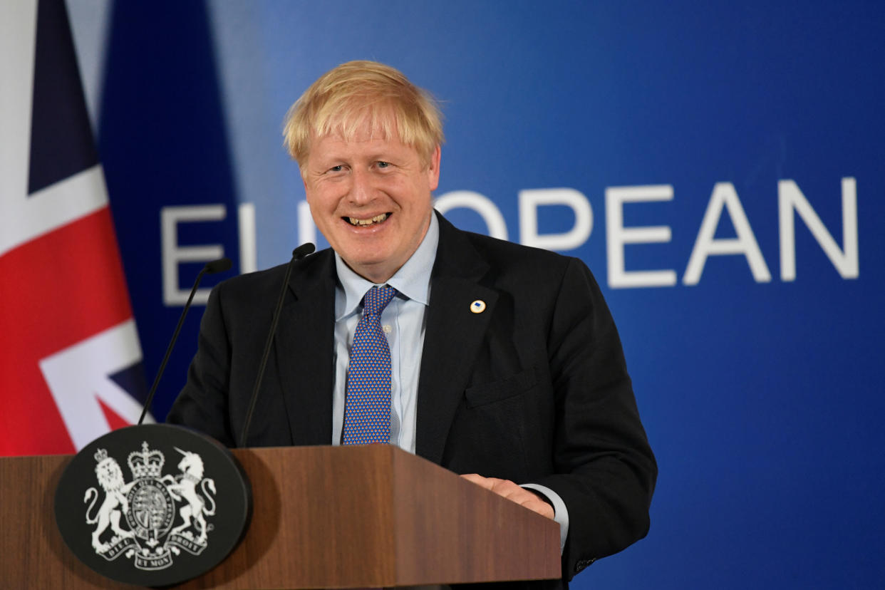 Britain's Prime Minister Boris Johnson speaks during a news conference at the European Union leaders summit dominated by Brexit, in Brussels, Belgium October 17, 2019. REUTERS/Piroschka van de Wouw