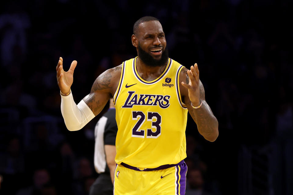 Los Angeles Lakers star LeBron James reacts to a play during the fourth quarter against the Los Angeles Clippers at Crypto.com Arena in Los Angeles, on Nov. 1, 2023. (Photo by Katelyn Mulcahy/Getty Images)