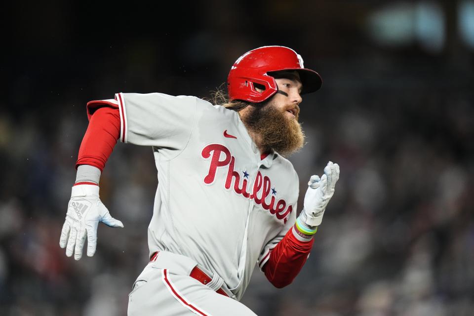 Philadelphia Phillies' Brandon Marsh runs for a double during the fifth inning of a baseball game against the New York Yankees, Monday, April 3, 2023, in New York. (AP Photo/Frank Franklin II)