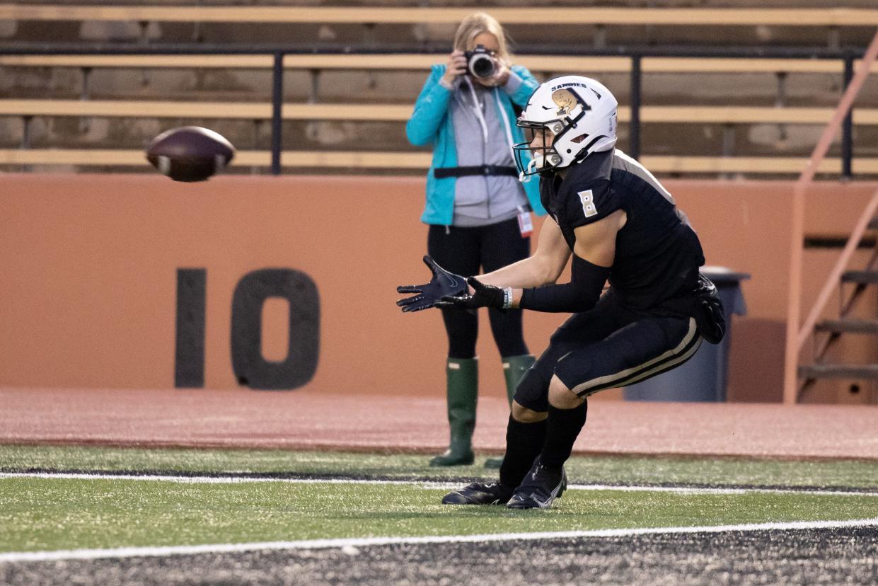 Amarillo High junior wide receiver Jameson Garcia looks in a pass in the Sandies' 24-7 win over Lubbock Monterey on Sept. 30, 2021 at Dick Bivins Stadium in Amarillo. Trevor Fleeman/For Amarillo Globe-News