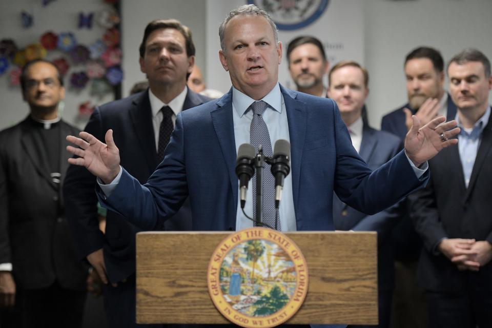 Florida Education Commissioner Richard Corcoran addresses the audience at Christ the King Catholic School Tuesday afternoon. Florida Governor Ron DeSantis accompanied by Florida Education Commissioner Richard Corcoran, Florida State Senator Aaron Bean and other representatives were in Jacksonville, Florida at the Christ the King Catholic School to repeat the signing of a bill that expands eligibility for school choice programs after a similar signing ceremony in Hialeah, Florida earlier in the day Tuesday, May 11, 2021. [Bob Self/Florida Times-Union]