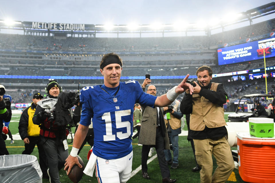 EAST RUTHERFORD, NJ - NOVEMBER 26: Tommy DeVito #15 of the New York Giants walks off the field after beating the New England Patriots at MetLife Stadium on November 26, 2023 in East Rutherford, New Jersey. (Photo by Kathryn Riley/Getty Images)