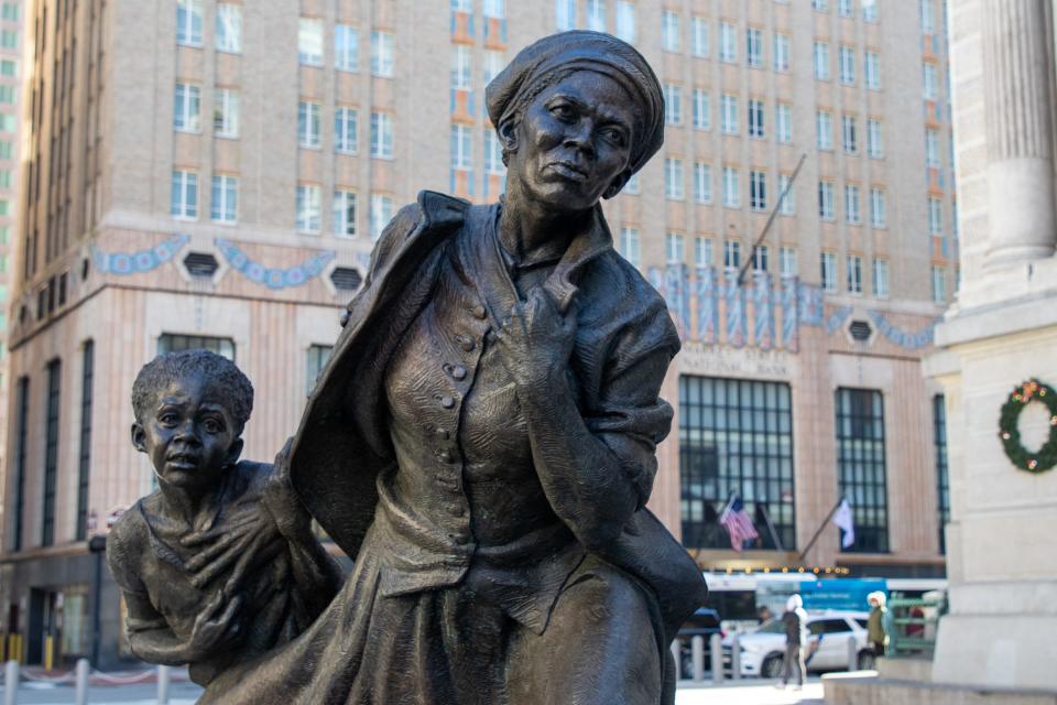 A 9-foot tall 'Harriet Tubman – The Journey to Freedom' sculpture was unveiled on Tuesday by the City of Philadelphia Office of Arts, Culture and the Creative Economy. The traveling monument is at City Hall where it will stay until March 31. It was created by award-winning sculptor Wesley Wofford.