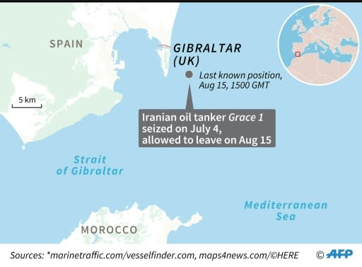 Map locating the last known position of Iranian oil tanker Grace 1, which was seized off Gibraltar on July 4 and allowed to leave August 15