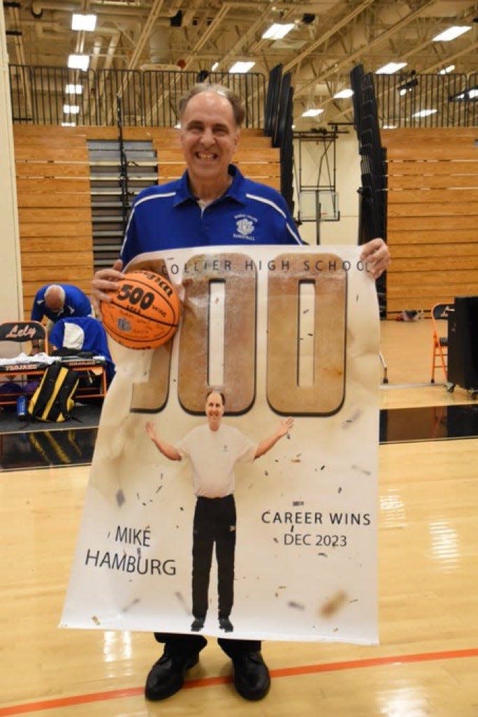 Barron Collier coach Mike Hamburg became the first Collier County girls basketball coach to reach 500 wins with a 37-32 win over Lely on Tuesday, Dec. 5.