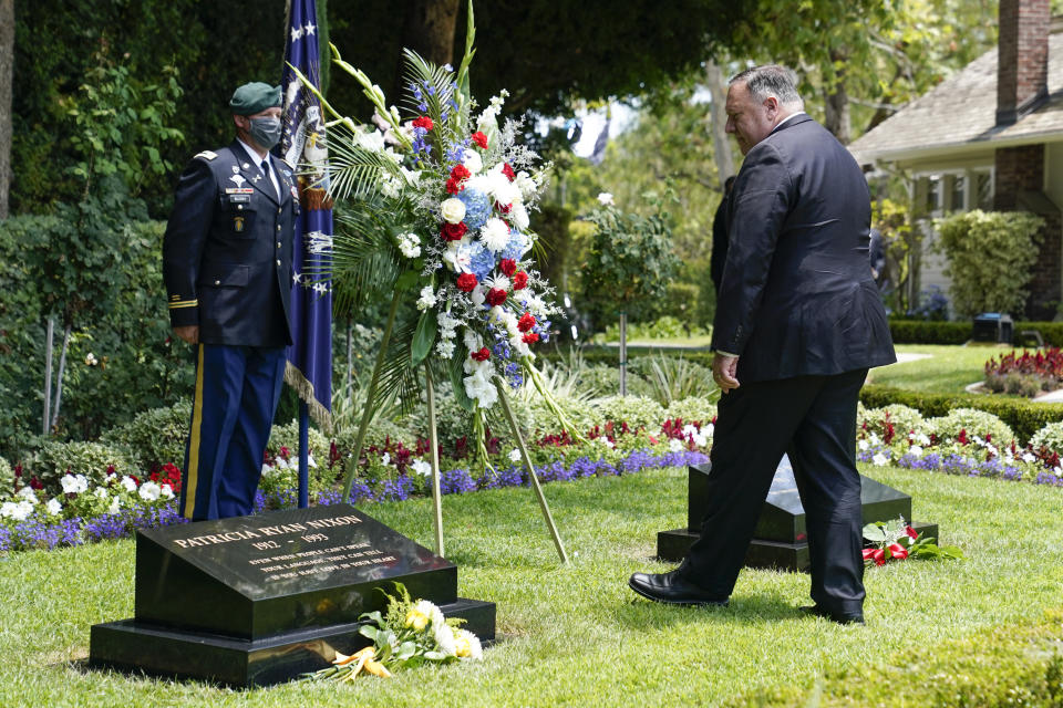 Secretary of State Mike Pompeo lays a wreath at the Richard Nixon Presidential Library, Thursday, July 23, 2020, in Yorba Linda, Calif. (AP Photo/Ashley Landis, Pool)