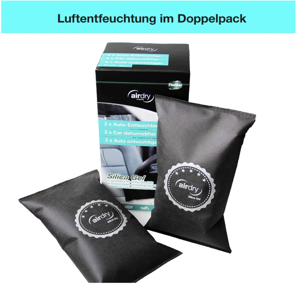 In den ThoMar airdry Entfeuchter Kissen ist Silicagel enthalten, welches durch Adsorption die Luftfeuchtigkeit aus dem Innenraum des Autos zieht. (Bild: Amazon)