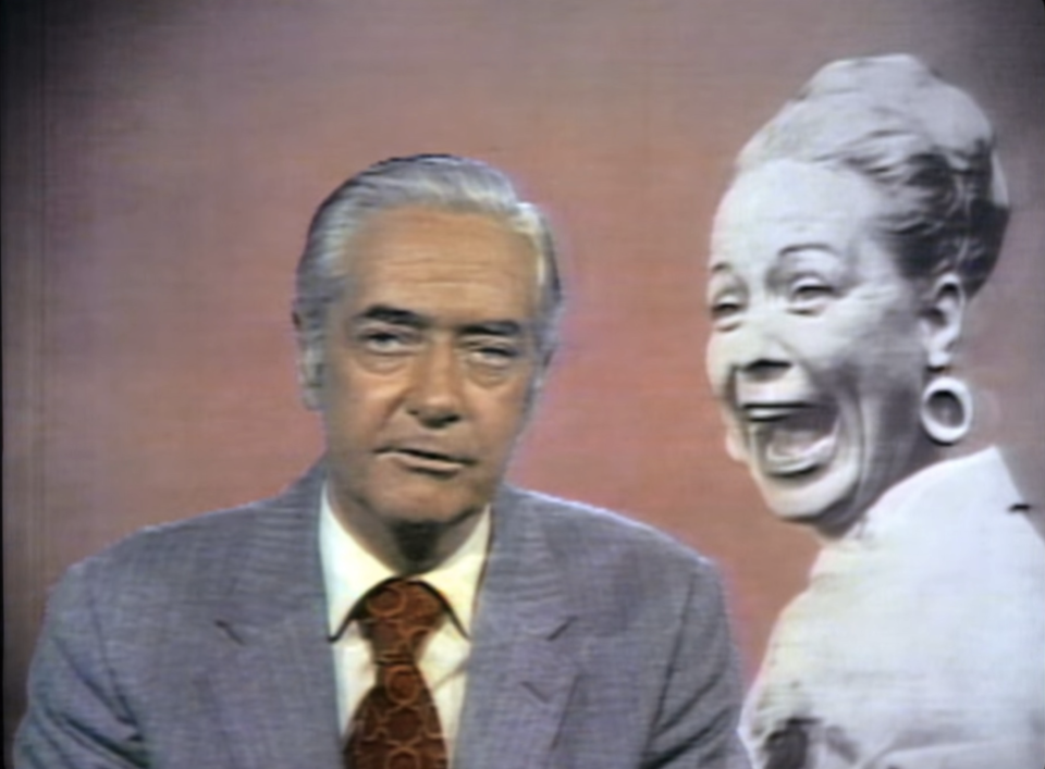 Howard K. Smith comments about Martha Mitchell in a TV news report, with an unflattering picture of her over his shoulder.