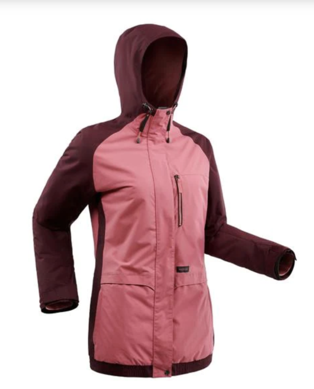 A colour-blocked pink and cerise hooded Dreamscape SNB 100 Women's Snow Jacket. The hood and sleeves are cerise and the torso and throat details are pink. Set on a white background.
