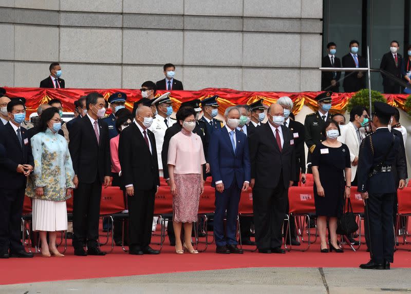 Hong Kong Chief Executive Carrie Lam attends the flag-raising ceremony for the 23rd anniversary of the establishment of the Hong Kong Special Administrative Region