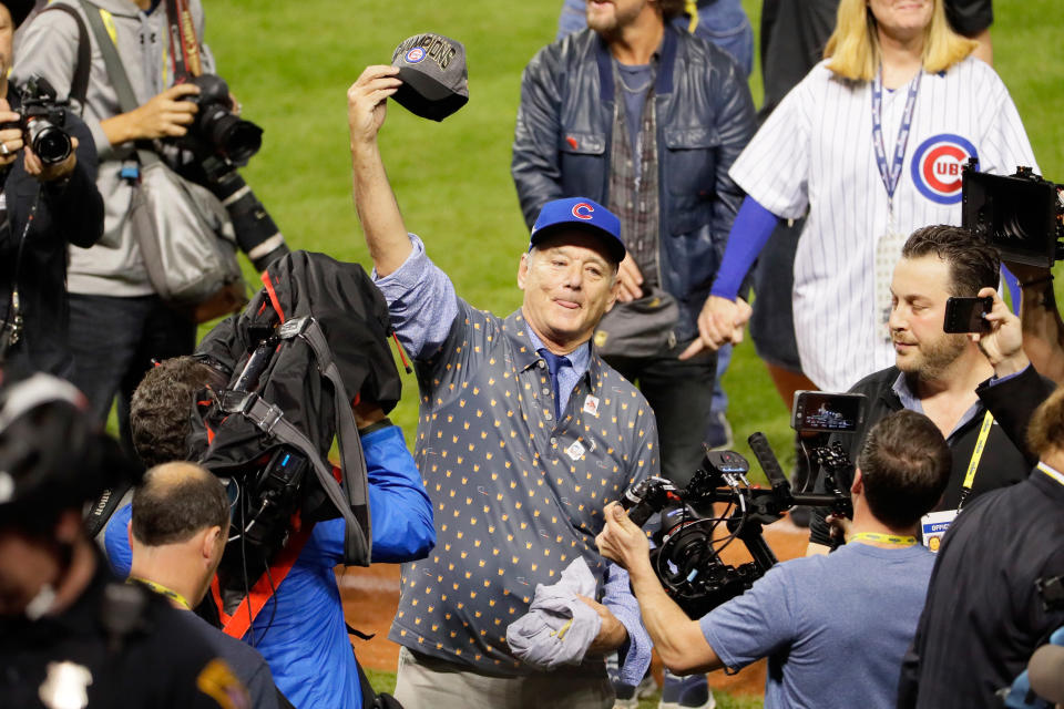 CLEVELAND, OH - NOVEMBER 02:  Actor Bill Murray reacts on the field after the Chicago Cubs defeated the Cleveland Indians 8-7 in Game Seven of the 2016 World Series at Progressive Field on November 2, 2016 in Cleveland, Ohio. The Cubs win their first World Series in 108 years.  (Photo by Jamie Squire/Getty Images)