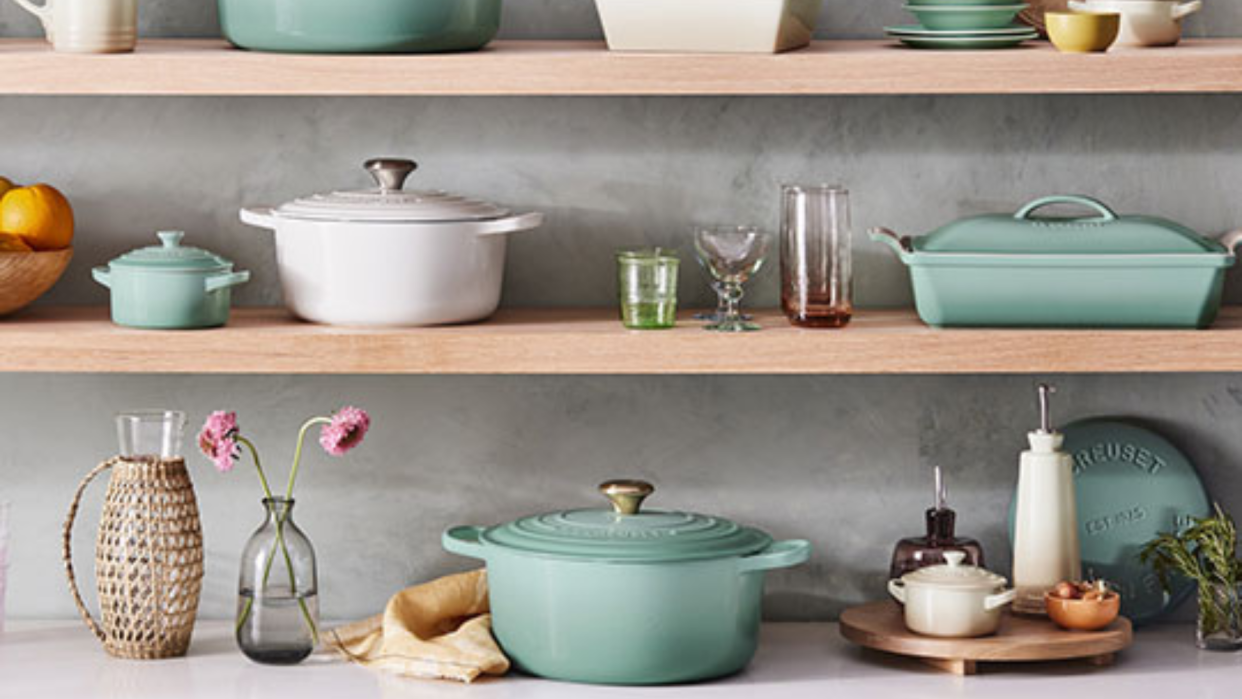 sage cookware with white cookware from le creuset