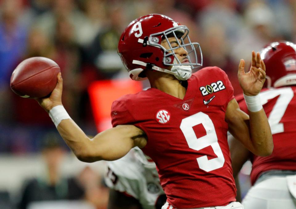 Alabama Crimson Tide quarterback Bryce Young passes against Georgia, Jan. 10, 2022, during the College Football Playoff national championship at Lucas Oil Stadium in Indianapolis.