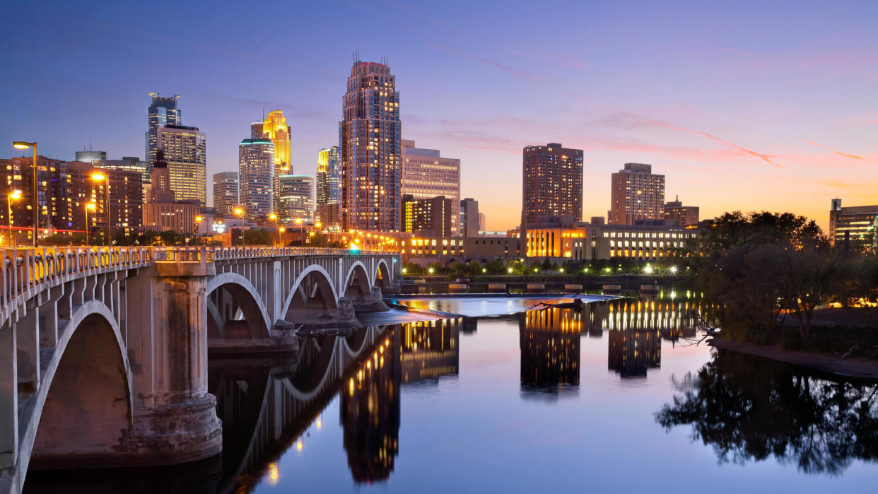 Image of Minneapolis downtown skyline at sunset.