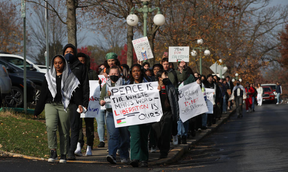 Bucknell University students march in a “Shut it Down for Palestine” demonstration, where participants called for a ceasefire in Gaza and cutting U.S. aid to Israel. (Paul Weaver/Getty Images)