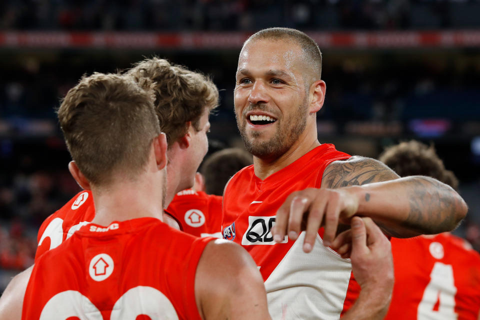 Seen here, Lance Franklin celebrates with teammates after Sydney's AFL finals win over Melbourne.