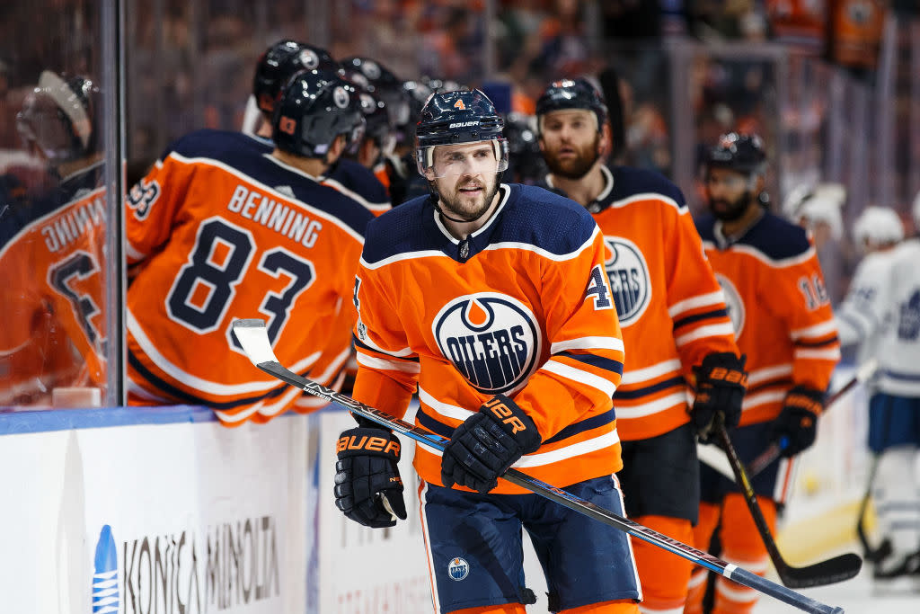 Kris Russell had a rough night against the Toronto Maple Leafs on Saturday. (Codie McLachlan/Getty Images)