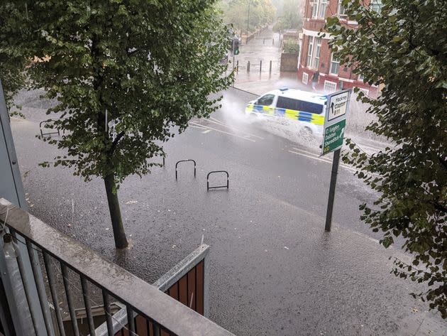 Stoke Newington, London, during a rain storm on Wednesday. (Photo: @TomHuddleston_ via PA Media)