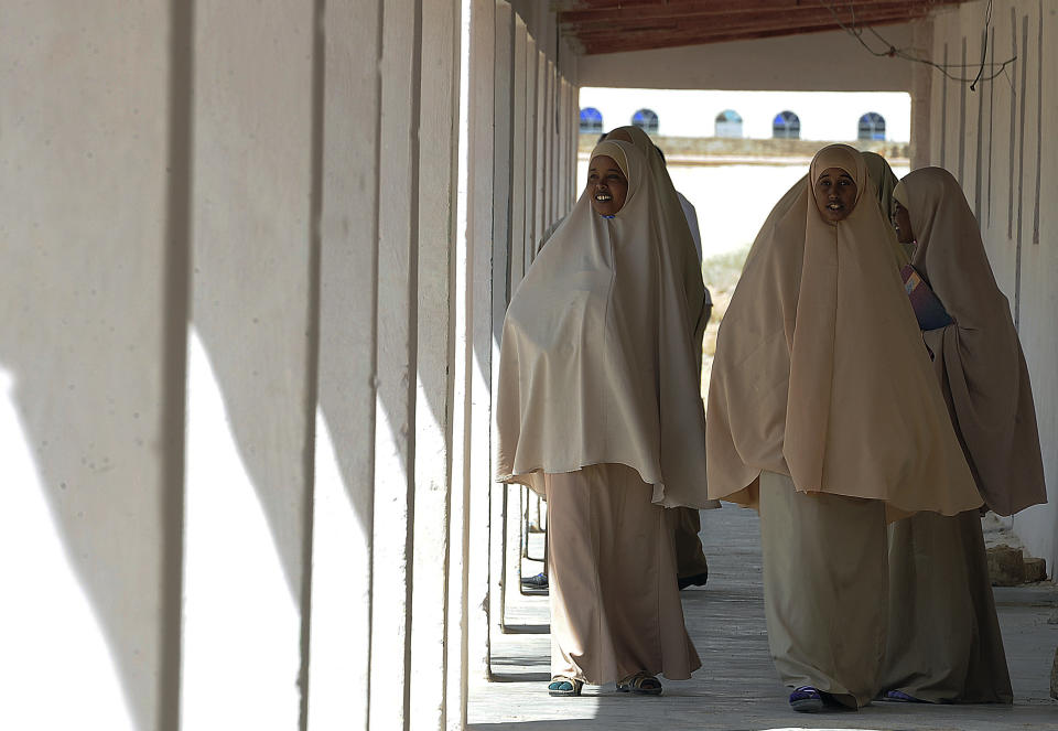 Pupils walk on September 10, 2013 inside the Gambool high school in the Garowe region, Somaliland. The school is a project funded by the European Commission and has the capacity for 1,750 pupils both boys and girls. As key partners, Somalia and the European Union (EU) will be co-hosting a High Level Conference on A New Deal for Somalia in Brussels on September 16, 2013.&nbsp;