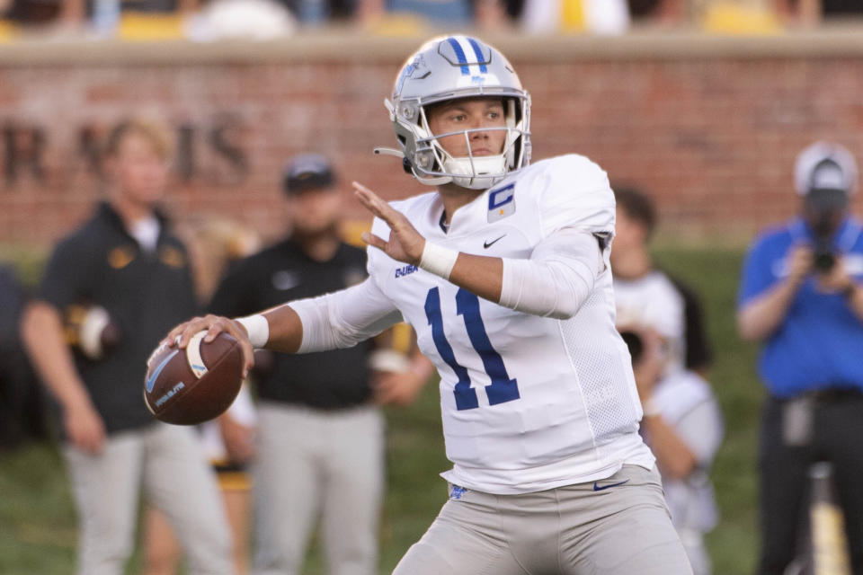 Middle Tennessee quarterback Nicholas Vattiato throws a pass during the first quarter of an NCAA college football game against Missouri, Saturday, Sept. 9, 2023, in Columbia, Mo. (AP Photo/L.G. Patterson)