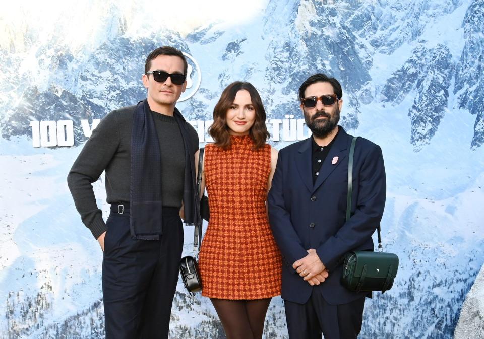 los angeles, california may 01 l r rupert friend, maude apatow, and jason schwartzman attend as montblanc celebrates 100 years of meisterstück, written and directed by wes anderson at the paramour estate on may 01, 2024 in los angeles, california photo by jon kopaloffgetty images for montblanc