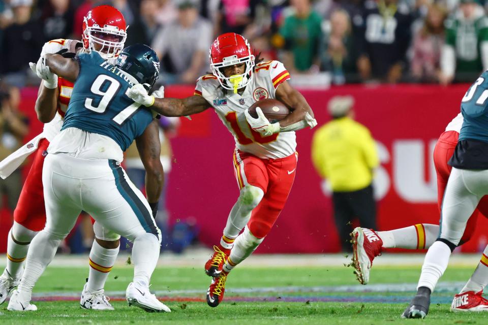 Kansas City Chiefs running back Isiah Pacheco (10) runs with the ball against the Philadelphia Eagles during the fourth quarter of Super Bowl LVII at State Farm Stadium in Glendale, Arizona, on Feb 12, 2023.