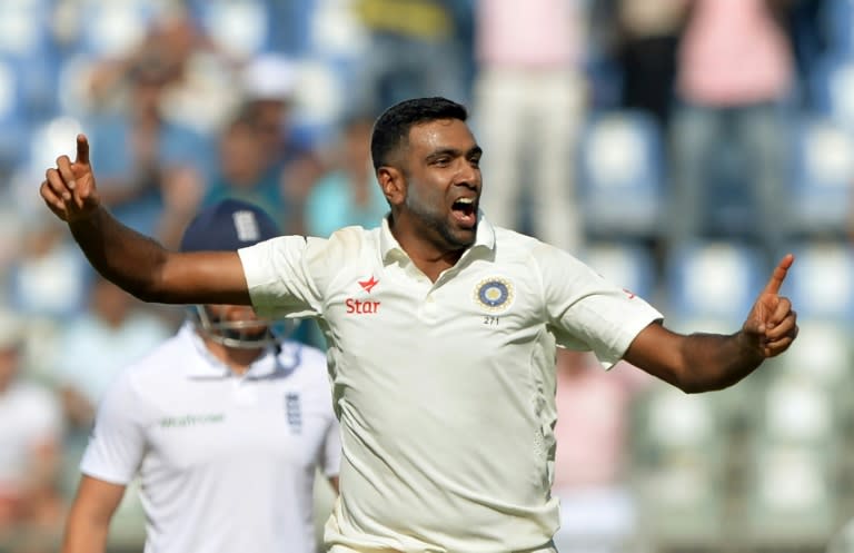 India's Ravichandran Ashwin celebrates the dismissal of England's Keaton Jennings on the first day of the fourth Test in Mumbai on December 8, 2016