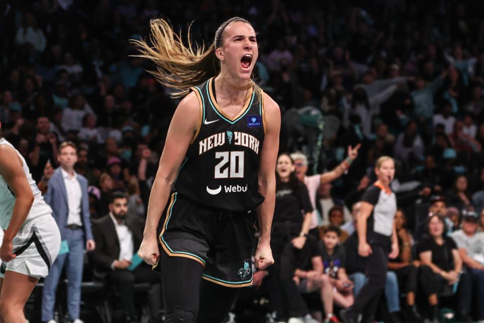 New York Liberty guard Sabrina Ionescu (20) celebrates during Game 2 of the 2024 WNBA semifinals against the Las Vegas Aces at Barclays Center.