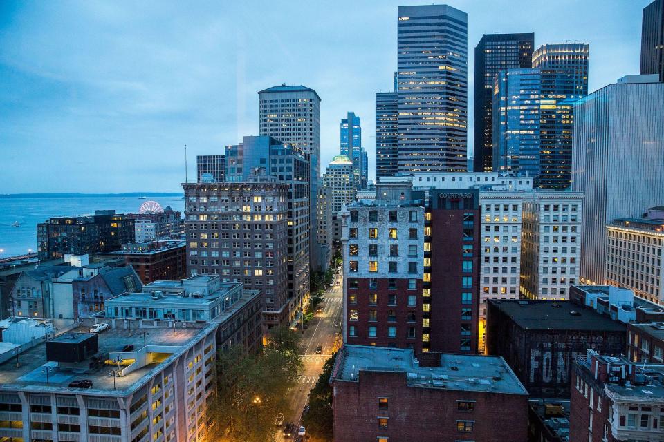 A view of downtown Seattle from Smith Tower, on May 12, 2017 in Seattle, Washington.