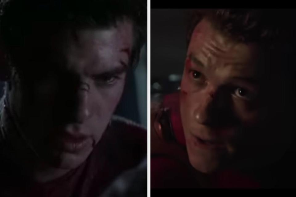 Peter with cuts on his face in "The Amazing Spider-Man"/Peter with blood on his face in "Spider-Man: No Way Home"