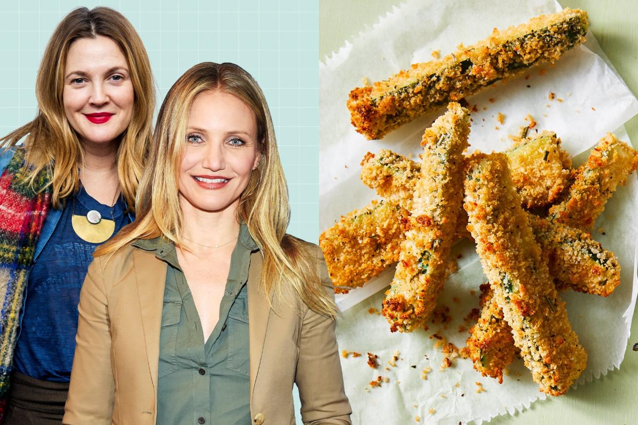 Cameron Diaz and Drew Barrymore on a designed background next to Parmesan-Rosemary Baked Zucchini Fries