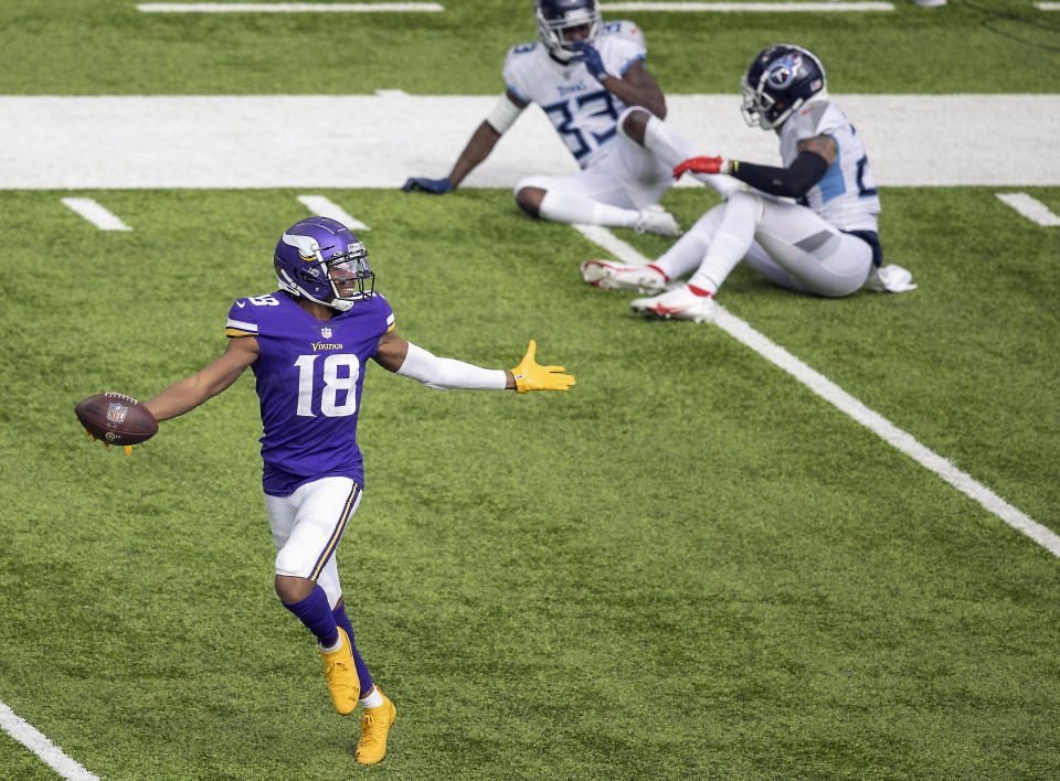 Minnesota Vikings wide receiver Justin Jefferson celebrates after a 71-yard touchdown during the third quarter of an NFL football games against the Tennessee Titans, Sunday, Sept. 27, 2020 in Minneapolis. (Elizabeth Flores/Star Tribune via AP)