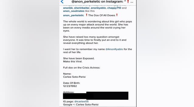 A threat containing Carlee's address via Instagram. Photo: Soto family/ Instagram