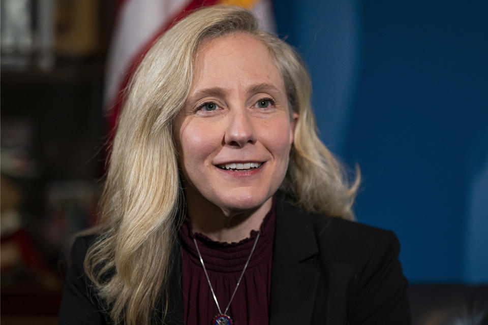 FILE - Rep. Abigail Spanberger, D-Va., speaks during an interview at her congressional offices in Washington, Feb. 8, 2023. Spanberger has announced she will run in 2024 for Virginia governor. (AP Photo/Nathan Howard, File)
