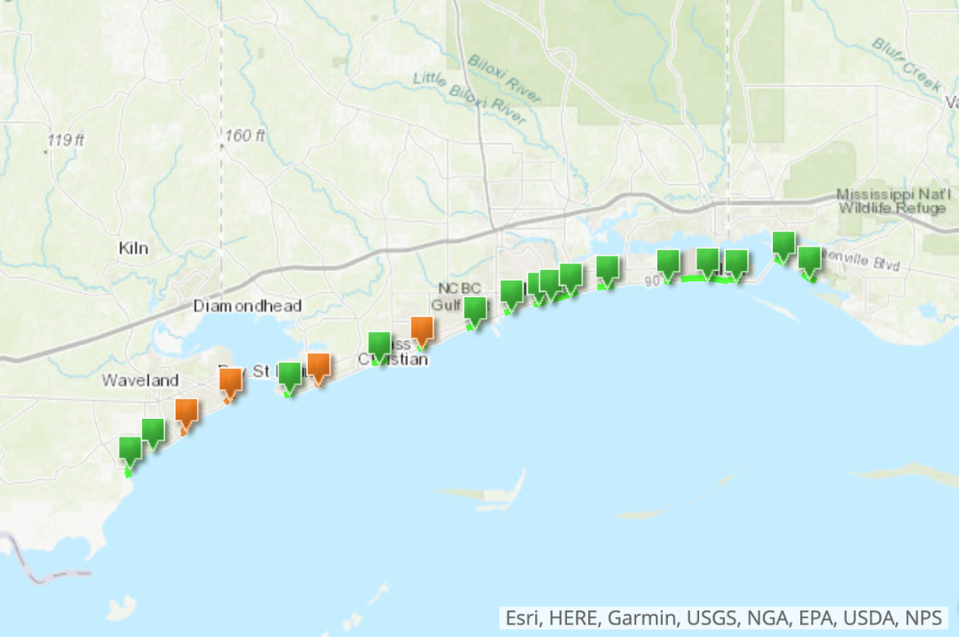 The Mississippi Department of Environmental Quality issued water contact advisories at four Mississippi Coast beaches. The beaches under advisories are marked in orange. Screenshot from the Mississippi Beach Monitoring Program website