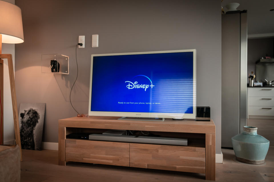 Amsterdam, The Netherlands, 09/28/2019, Disney+ startscreen on tv. Disney+ online video, content streaming subscription service. Disney plus, Star wars, Marvel, Pixar, National Geographic.