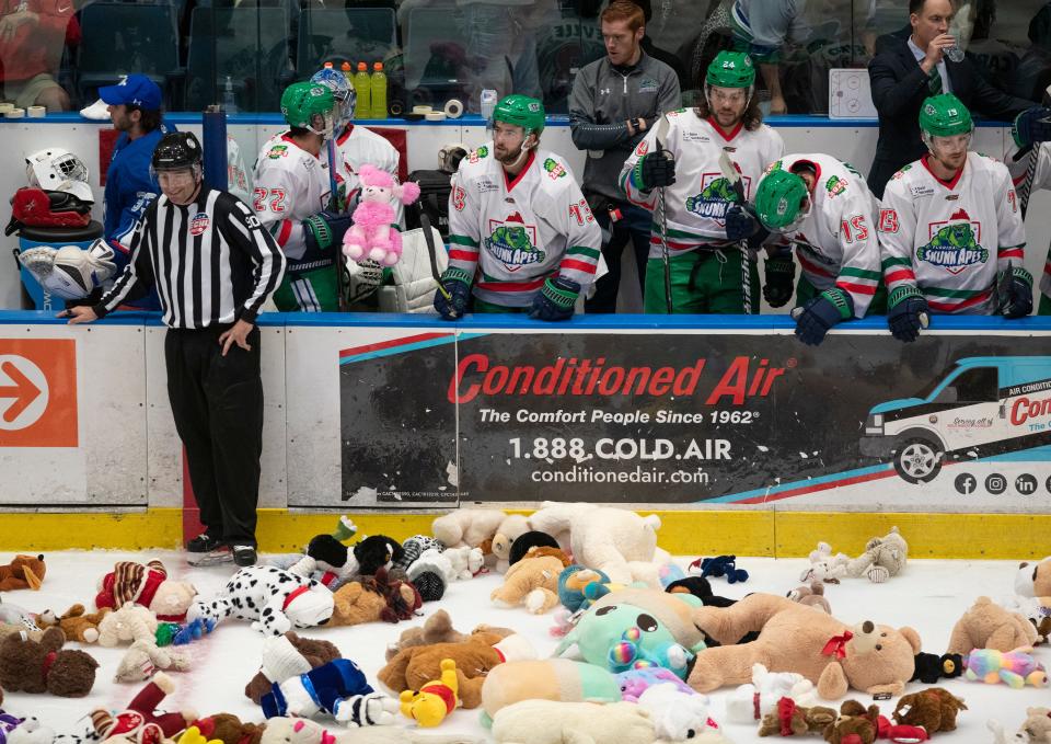 Thousands of teddy bears were thrown onto the ice after the Florida Everblades scored their first goal against Trois-Rivieres at Hertz Arena in Estero Saturday night, December 4, 2021. Photo by Darron R. Silva/Special to the Naples Daily News