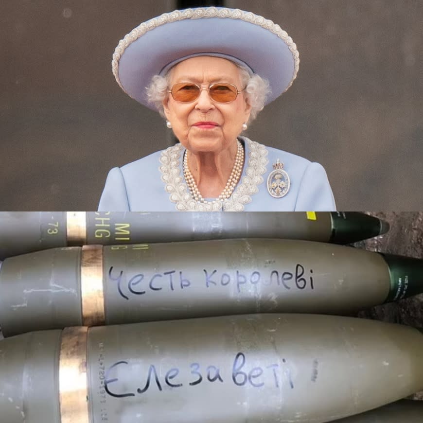 成堆的飛彈上，寫有英文和烏克蘭文的哀悼詞，致敬英國女王伊莉莎白二世。（圖／翻攝自每日郵報）