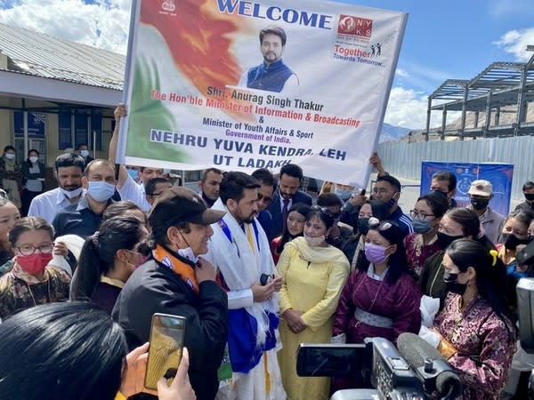 Union Minister Anurag Thakur in Leh on Friday. (Photo/ANI)