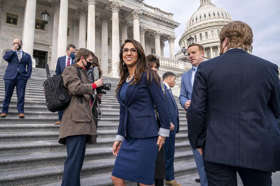 Rep. Lauren Boebert (R-Colo.) smiles after joining other freshman Republican House members for a group photo at the Capitol in Washington, Monday, Jan. 4, 2021.