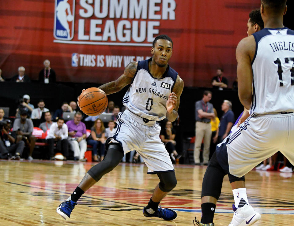 Jul 8, 2016; Las Vegas, NV, USA; New Orleans Pelicans guard Anthony Barber (0) dribbles the ball during an NBA Summer League game at Thomas & Mack Center. 