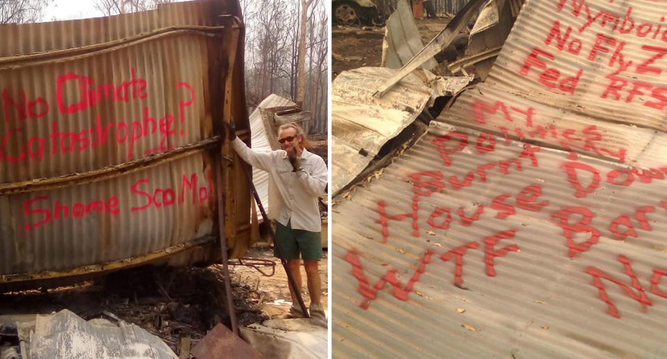 Stu Mackay on the left with his message to the prime minister, "No climate catastrophe? Shame ScoMo." While on the right, Mr Mackay wrote, "My pollies burnt my house down", among other messages.